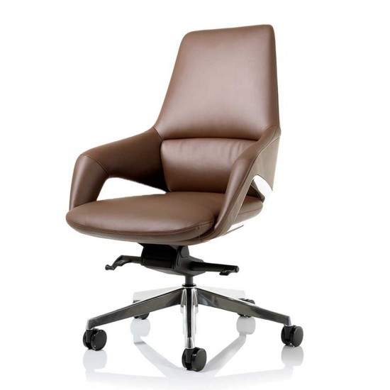 POULSEN High Back Curved Design Brown Leather and Wood Office Chair 