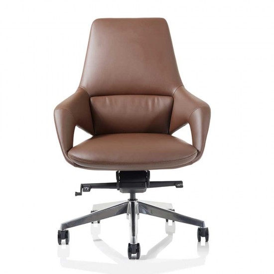 POULSEN High Back Curved Design Brown Leather and Wood Office Chair 