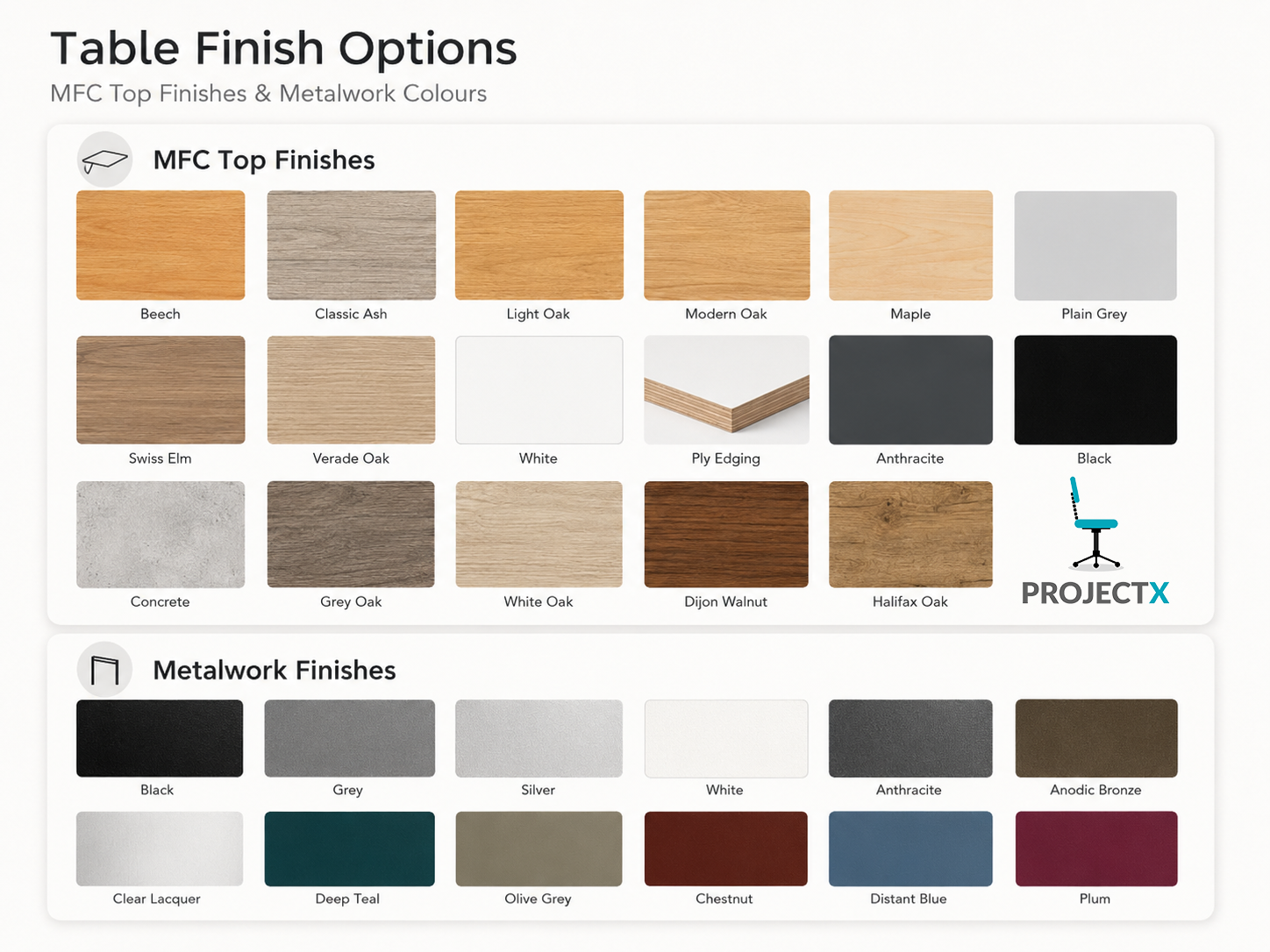 Giovanni finish options showing MFC top colour options and metalwork finish options